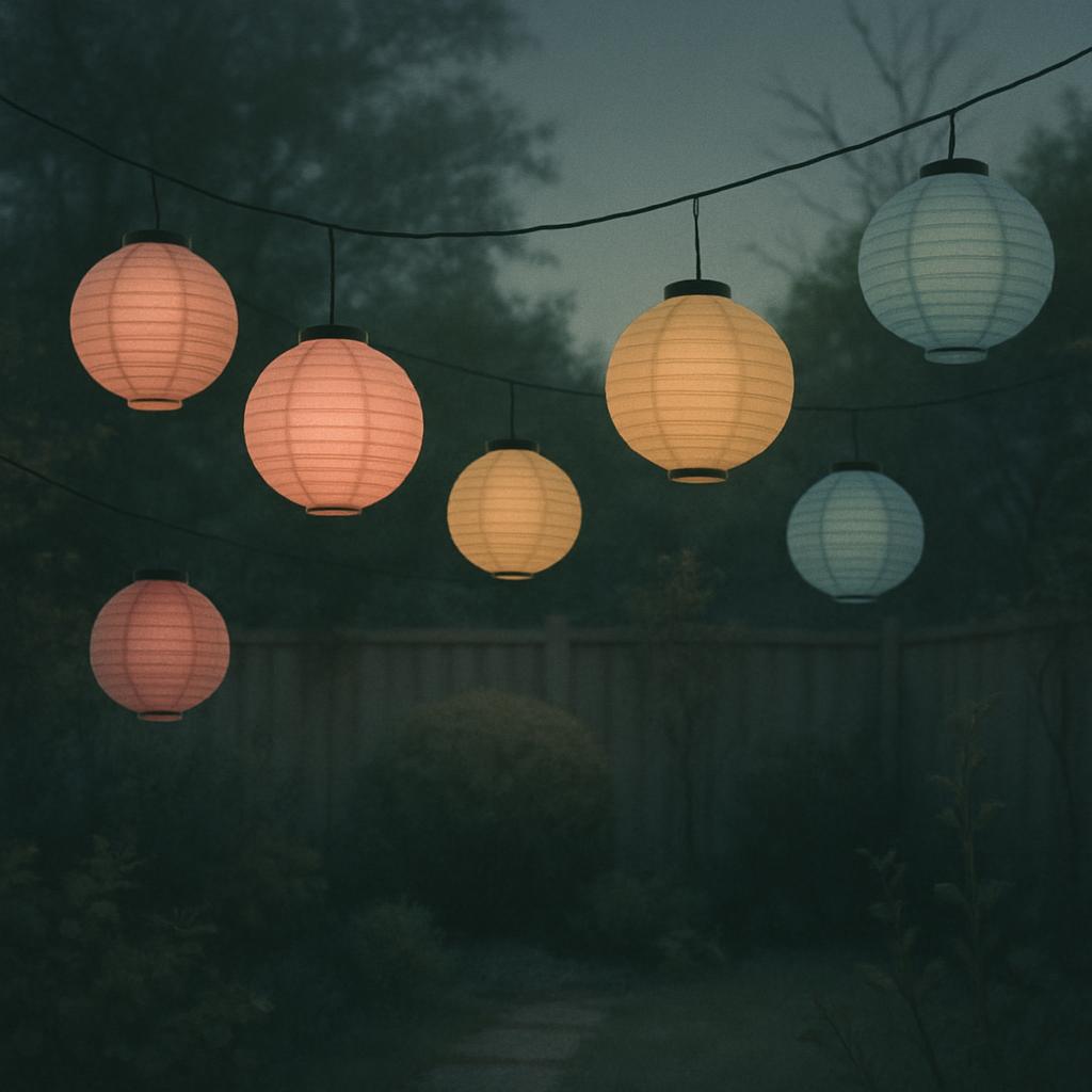 A collection of lanterns suspended from a string, set against a nighttime backdrop with a subtle blurred background of tre...