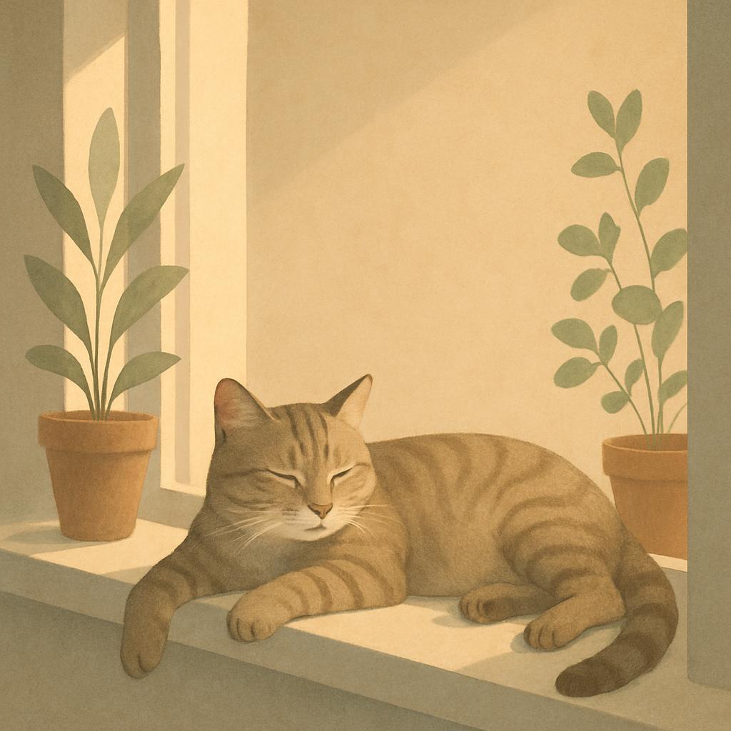 A sepia-toned illustration of a contented cat reclining on a window ledge, surrounded by two potted plants. The cat, with ...