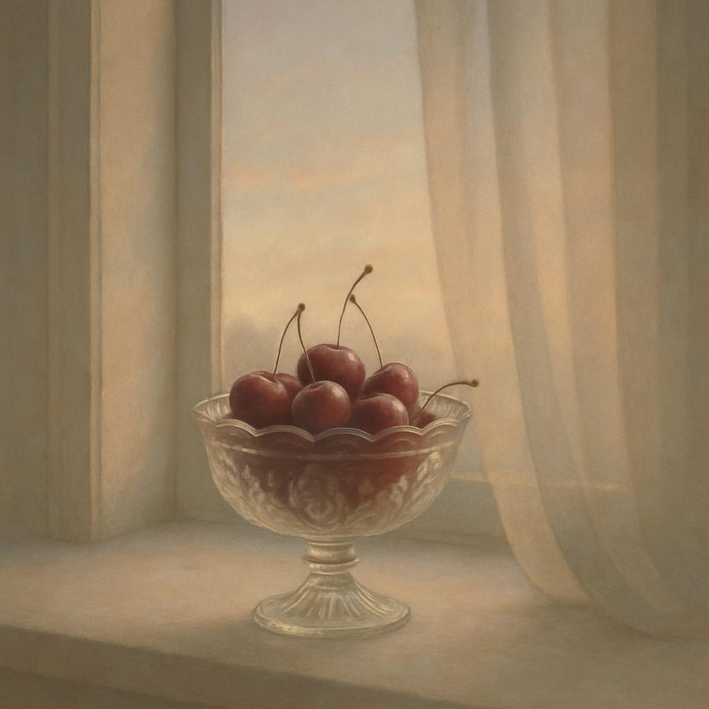 A still life painting of cherries in glass bowl on windowsill, suggesting morning light.