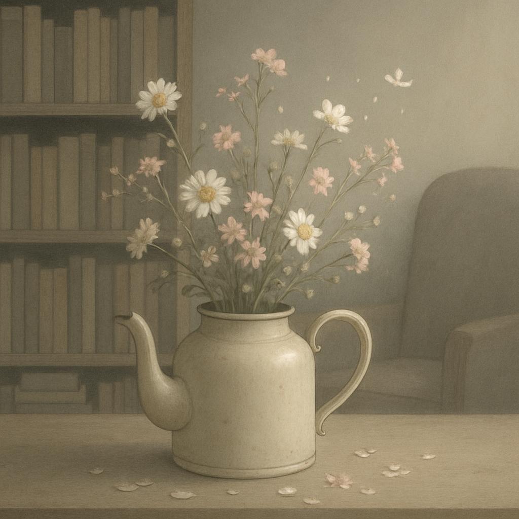 A white watering can filled with white and pink flowers sits on a table in front of a bookshelf and an armchair.