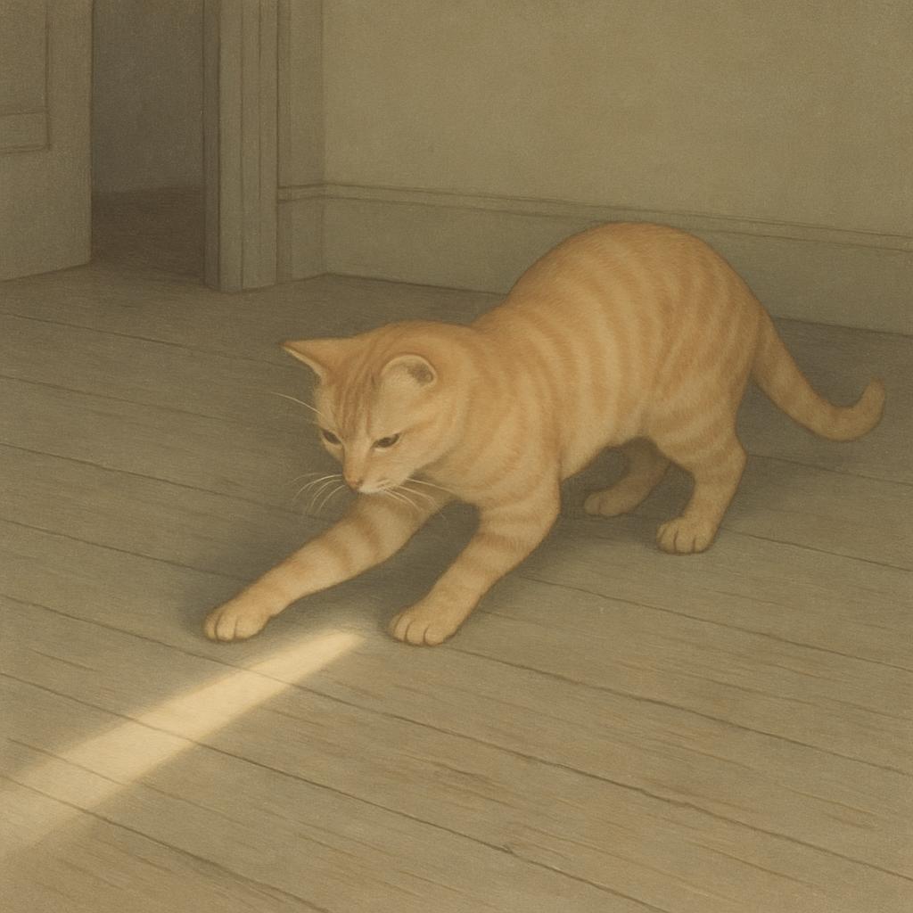 An orange cat stands on a light wood floor, its paws extended as a beam of light shines upwards. The cat's fur appears to ...
