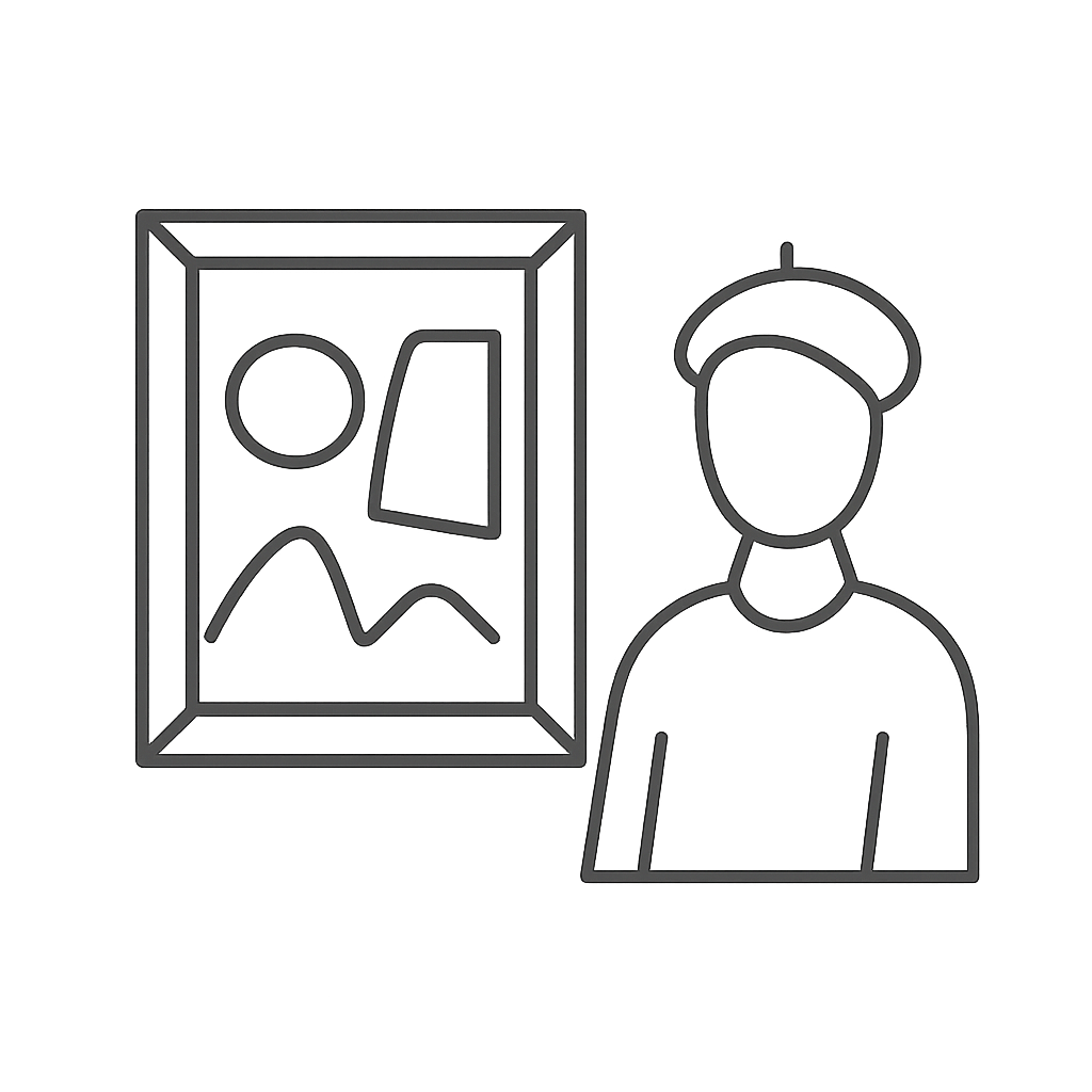 An image of a person standing beside a picture frame. The picture frame has an abstract image inside. The frame and the in...